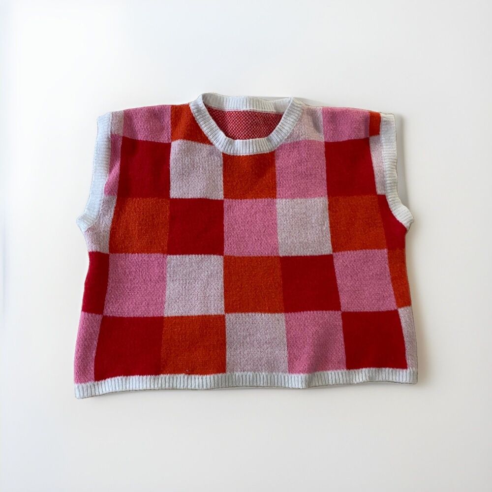 Women's M Checkered Sweater Vest Pink Red Orange Colorblock Crew Knit Top Grunge